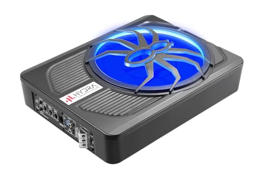 Image of Hydra Spider Halo 10 inch Metal Underseat Subwoofer (HY-10MH-HE-BLU) | 800W Peak, 180W RMS | Blue LED Spider Grill | Ultra Slim Powered Car Subwoofer with Remote Control