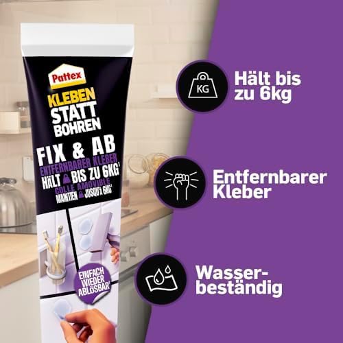 Pattex Kleben statt Bohren Fix & Ab, ablösbarer Montagekleber, stark haftender Wandkleber für Regale und Wandbefestigungen, ohne Beschädigung ablösbar, Kraftkleber hält bis zu 6kg, 44g Tube