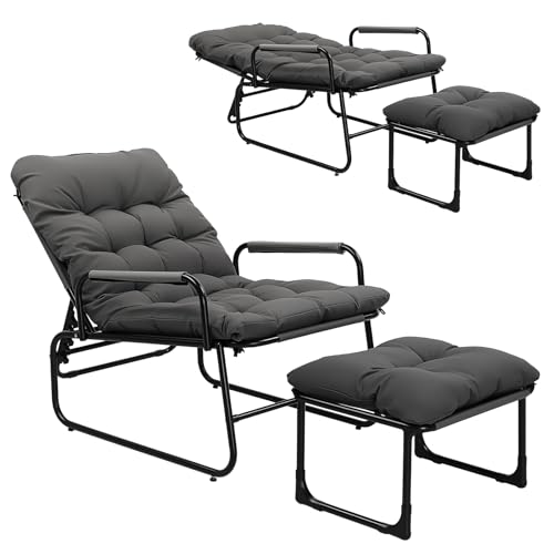 Bonnlo Balkonsessel mit Verstellbarer Rückenlehne und Hocker, Sitzsessel bis 180kg belastbar,für Veranda, Garten, Poolbereich, Balkon oder Hinterhof, Grau