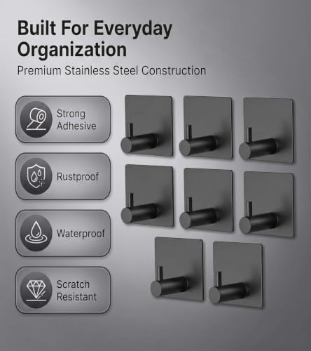 Image of Enclave Heavy Duty Adhesive Hooks, Stick on Wall Adhesive Hangers, Strong Stainless Steel Holder, Self Adhesive Hooks for Kitchen Bathroom Home Door Towel Coat Key Robe. (Cube RND Black, Pack of 4)