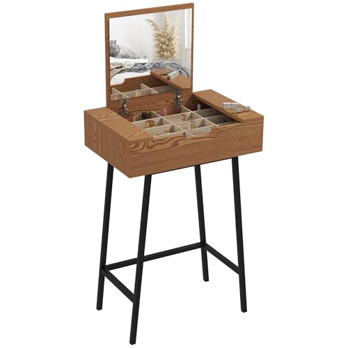 HOMCOM Elegante tocador de Maquillaje con Espejo Plegable y 16 Compartimentos Ocultos, Mesa de Maquillaje de Madera y Acero, estación de Maquillaje para Dormitorio, Moderno, 60x40x90 cm, Color Madera