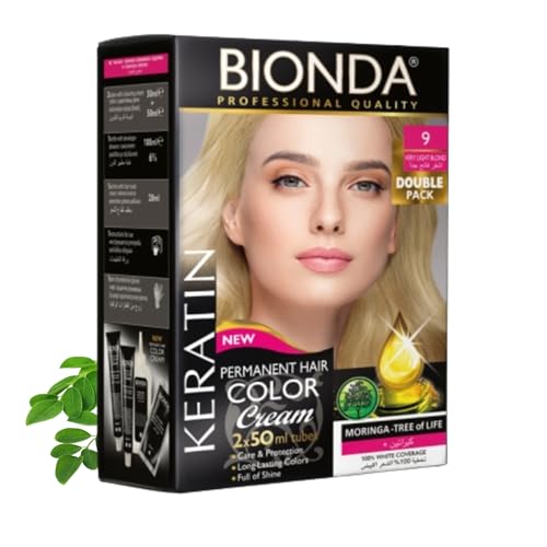 Tinte permanente BIONDA Professional Color Cream 9, rubio muy claro, 200 ml, paquete doble, queratina y moringa, color intenso y duradero con brillo, cobertura 100% de canas