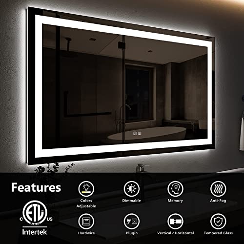 ROOMTEC 48 x 32 Inches LED Bathroom Mirror with Front and Backlit,Anti-Fog,3 Colors and Dimmable Light(Horizontal/Vertical), Silver