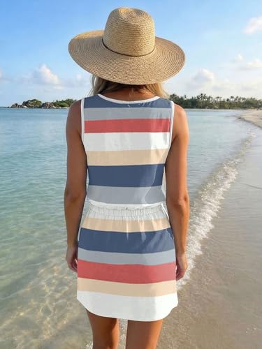 Image of SAUKOLE Womens Summer Causal Loose Sleeveless Crew Neck Drawstring Waist Mini Short Dress with Pockets