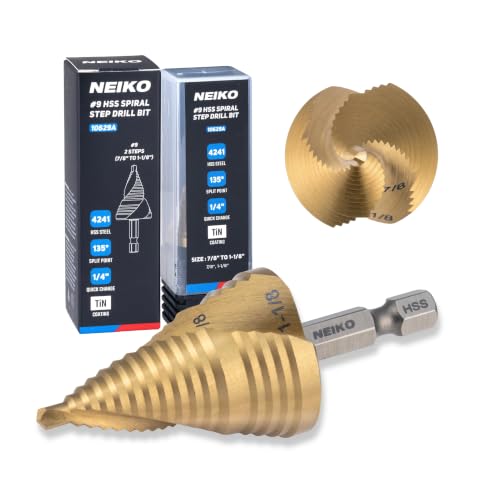 Image of NEIKO 10629A Step Drill Bit, 2 Steps 7 /8 inch to 1-1 /8 inch Spiral High Speed Steel, Titanium Nitride Coated, 1 /4 inch Quick Change Step Bits for Steel, Metal, Wood, Plastic, Unibit Cone Drill Bits, Two Flute