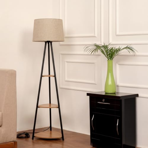 Image of PrettyKrafts Floor Lamp with 3- Tier Wooden Shelves | Modern Standing Lamp for Living Room, Bedroom & Study Room | Decorative Corner Floor Light with Storage Shelf | 140 cm (Bulb Not Included)