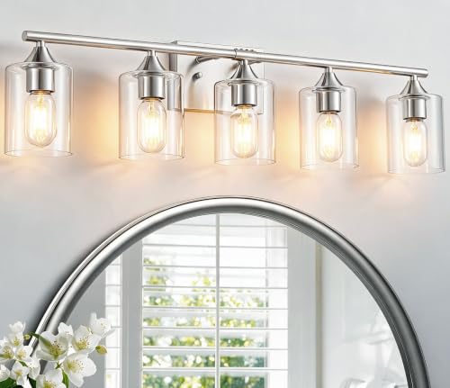 Image of 5-Light Vanity Lights for Bathroom,Brushed Nickel Bathroom Light Fixture,32 inch Wall Sconce with Clear Glass Shades for Bedroom Living Room Hallway E26 Base