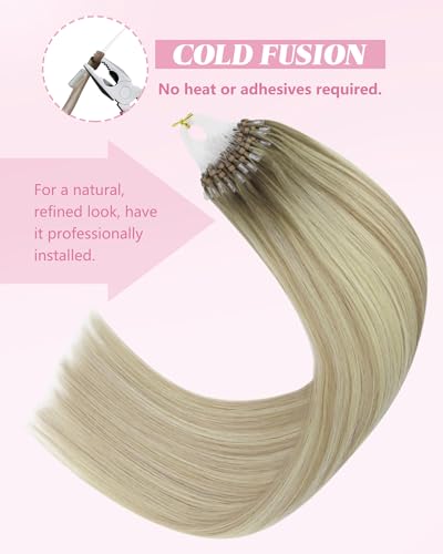 Image of YoungSee Micro Bead Hair Extensions Real Human Hair Blonde Ombre Micro Link Hair Extensions Human Hair Blonde to Platinum Blond Micro Ring Hair Extension for Wedding 20 Inch 50 Strands 50g