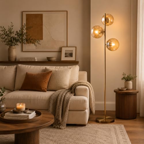 Image of BOKT Modern Brushed Brass Floor Lamp Corner 3-Light Standing Lamp with Amber Glass Globe Shade Adjustable Height Office Tall Standing Light Vintage for Living Room Bedroom Home Decor