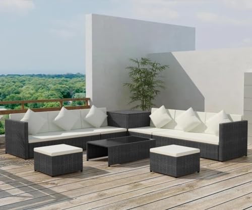 Image of 6-Piece Outdoor Patio Conversation Set, Sofa with Ottomans, and Glass Coffee Table, with Hand-Woven Wicker and Thick Cushions. (Black and Beige)