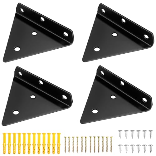Gentpovth 4 soportes para estanterías de metal negro,Soporte para Estante Triangular, Escuadras para Estantes Flotante Oculto, 12 tornillos largos + 12 tornillos cortos + 12 tacos,para Baño,Estar