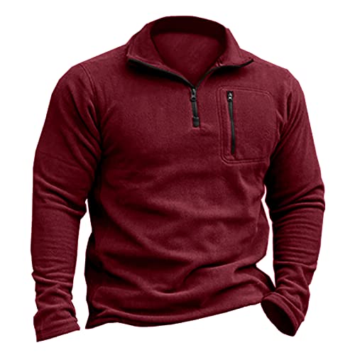 Rodawu Mens Sweatshirts Micro Fleece Tops Half Zip Jumper Polo Neck Jumpers Fleece Jacket Sweater Red Sweatshirt 3XL