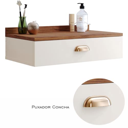 Penteadeira Gloss para Maquiagem Suspensa com 1 Gaveta Porta Joias com Puxador Concha (Off White / F
