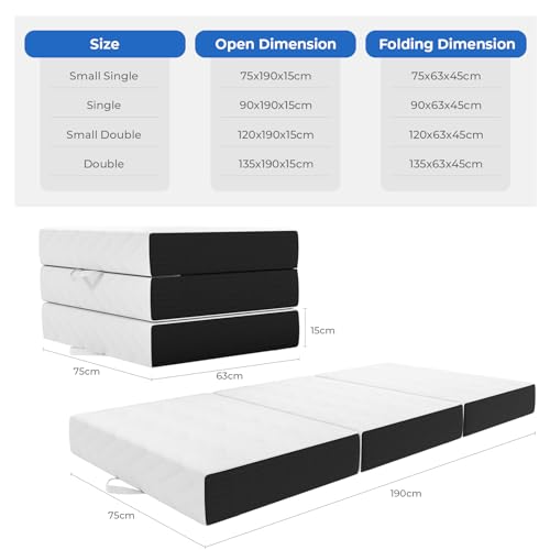 Vesgantti Folding Mattress Single Size, 15CM Gel Memory Foam Foldable Mattress Tri-fold for Travel, Camping, Guest Bed - 100-Night Trial, CertiPUR-US Certified Vesgantti Folding Mattress Single Size, 15CM Gel Memory Foam Foldable Mattress Tri-fold for Travel, Camping, Guest Bed - 100-Night Trial, CertiPUR-US Certified