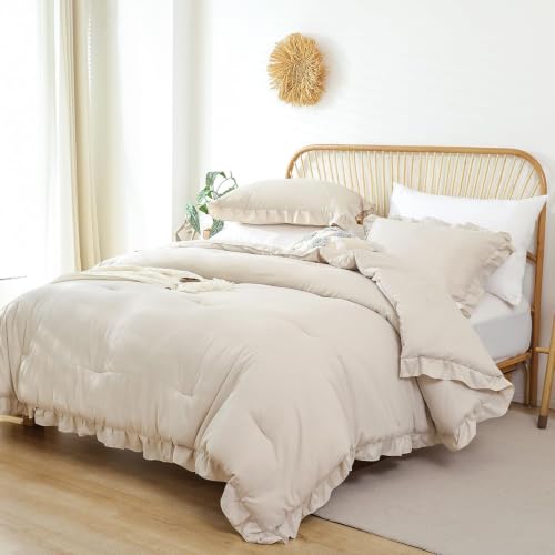 Image of JANZAA Beige Comforter Set Queen - Soft Microfiber, Lightweight All Season Bedding, Ruffle Shabby Chic Aesthetic, Breathable Cozy Bed Set with 2 Pillow Shams, Machine Washable