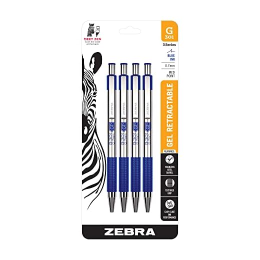 Zebra Pen STEEL G-301 Retractable Gel Pen, Blue Ink, 0.7mm, 4-Pack