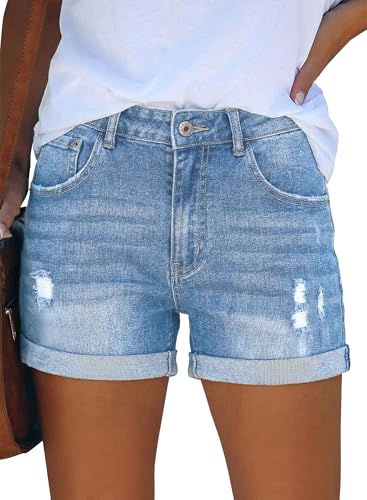 Image of onlypuff Womens Jean Short Cut Off Denim Shorts High Waist Ripped Distressed Stretchy