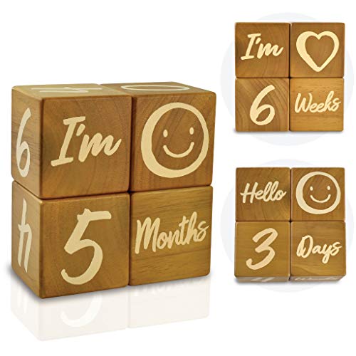 Image of I'm Solid Wood Weekly Monthly Yearly Baby Milestone Age Blocks, Gender Neutral, Newborn Gifts & Keepsakes for Picture Props (4 Pcs/Brown)