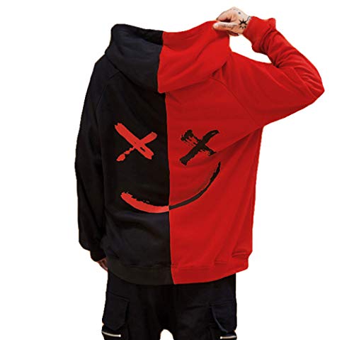 Lelloing Mens Fashion Hooded Jerseys Sweatshirt Autumn Casual Long Sleeve Contrast Color Smile Hip-Hop Hoodies (Xl, Black Red) #TOP2