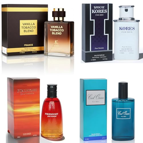 Mens Cologne Set, Eau de Parfum, 4 Pack (3.4 oz / 100 mL Each), Kores, Vanilla Tobacco Blend, Cool Ocean, Firenight, Coastal Aquatic Mix, for clean workdays and polished evenings