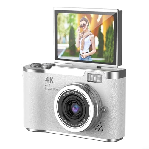Cámara digital CCD 4K, 48MP con zoom 8X y pantalla abatible de 180° para estudiantes, principiantes, adolescentes, cámara de fotografía compacta para viajes y selfies (blanco)