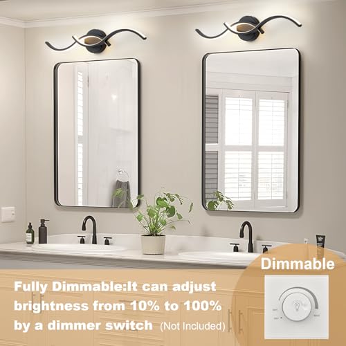 Image of EDISLIVE 24 Inch Black LED Vanity Light, 15W Dimmable Modern Wall Sconce, 3000K Warm White Linear Fixture with Acrylic Strip Shade for Bathroom Mirror Bedroom Makeup