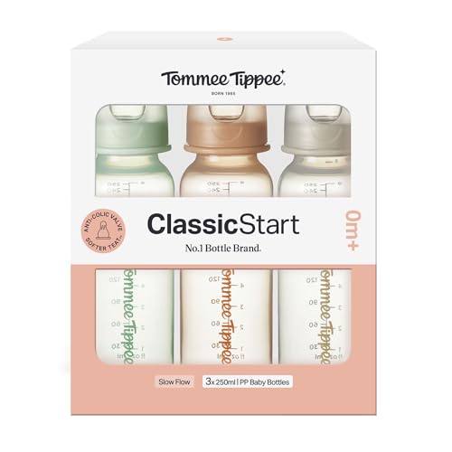 Tommee Tippee Classic Start Baby Bottles, 0m+, Silicone Slow Flow Teat, Anti-Colic Valve, Green/Brown/Grey, 250ml, Narrow Neck, 3 Pack, Dishwasher Safe