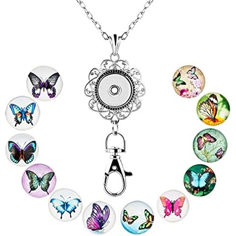 CoolJewelry Office Lanyard ID Necklace Snap Glass Button Badge Holder Noosa Clip Press Button Interchangeable Butterfly Pendant Cover