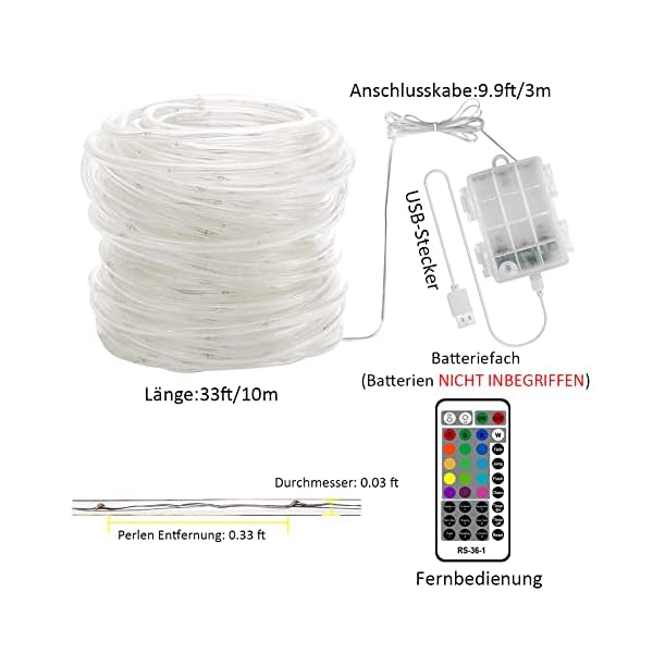 10M LED Schlauch Lichterkette Batterie Außen, USB Outdoor Lichterkette, Bunt Lichtschlauch Lichterkette, Balkon… – Bild 8