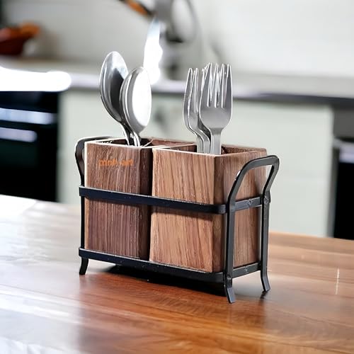 Image of Wooden Cutlery Holder with Metal Stand | Spoon Holder for Kitchen, Fork Organizer for Dining Table, Utensil Holder for Kitchen Counter | Rustic Wood Finish (2 Compartments)