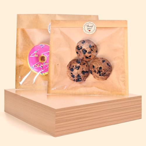 50Pcs Heat-Sealable Cookie Bags with Window, 7.1 x 7.5 Inch Bakery Pastry Bags, Grease Resistant Clear Front Kraft Paper to Go Bake Treat Sleeves for Gift Giving, Valentine, Bread, Cookies Packaging