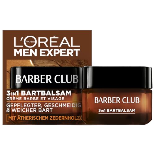 LOréal Men Expert Bartbalsam Bart + Haut für Männer Unterstützung beim gesunden Bartwachstum Beruhigende Bartpflege für Herren mit holzigem Duft und ätherischem Zedernholzöl Barber Club 1 x 50 ml