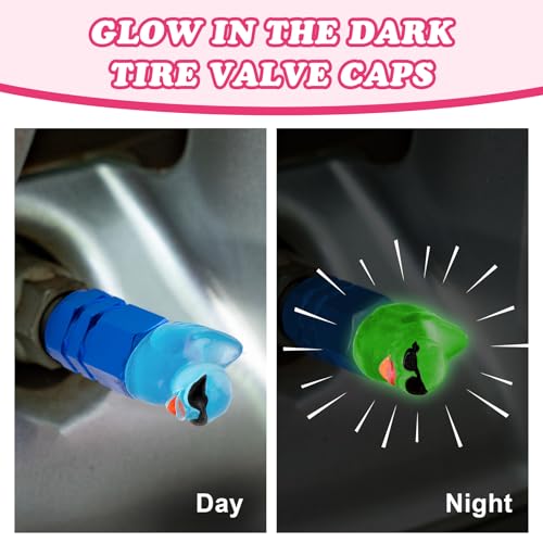 4Pcs Duck Tire Valve Caps, Funny Sunglasses Duck Valve Stem Caps Covers for Wheels, Decorative Cute Tire Valve Caps for Car Accessories (Hexagon Duck Blue)