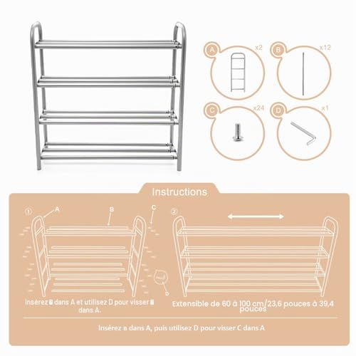 Gurkkst Étagère à Chaussures à 4 Niveaux Extensible Métal Meuble Chaussures Robuste et Durable Porte-Chaussures Contenir 20+ Paires de Chaussures (60-100) x 22,5 x 61,5 cm – vue 7