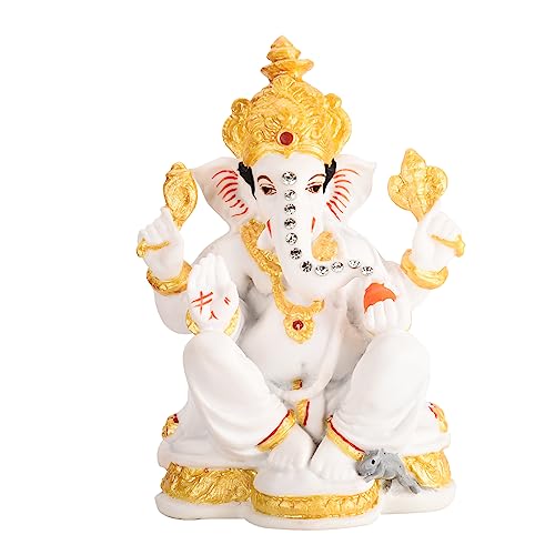 Image of Marble Dust Ganesha God Idol in Matt White Finish for Mandir, Home Decor Showpiece and Gifting (Dust Ganesha)