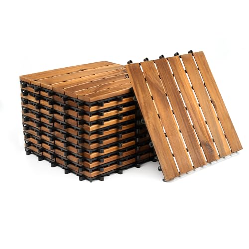 Crystals 6 Slat Interlocking Wooden Deck Tiles 30x30cm Hardwood Tiles for Patio, Balcony, Garden – Easy Installation, Durable Wood Solution, Great Drainage