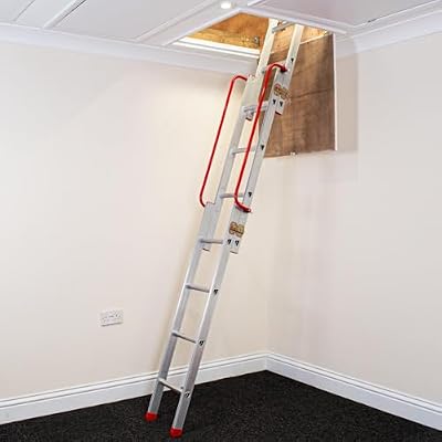 Escalera de Acceso a altillo de Aluminio BPS, 3 Secciones | Escalera con pasamanos, peldaños en D, Poste de Almacenamiento y herrajes de Bloqueo | Carga máxima: 150 kg