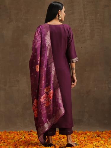 Image of Libas Womens Self Design Silk Straight Kurta With Trousers and Dupatta | daily wear suit
