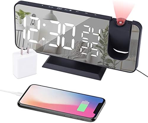 EVILTO Projection Alarm Clock for Bedroom Ceiling Digital Alarm Clock Radio with USB Charger Ports, 7.3" Large LED Screen Alarm Clock, 4 Dimmer, Dual Alarm Clock with 2 Sounds, Snooze, Black