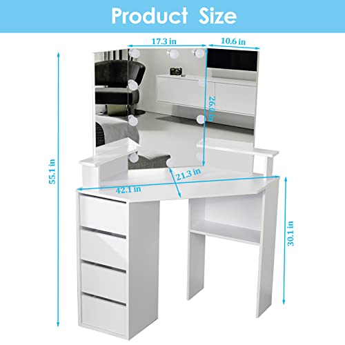 Corner Makeup Vanity Table With Lighted Mirror,42 Inch White Vanity Desk With Drawers,Bedroom Dressing Table With Mirror And Lights For Small Spaces #TOP5