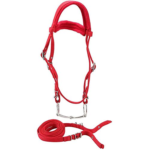 TopHomer Brida de Filete de Caballo con rienda, arnés de Cabestro de Caballo Ajustable Rojo, Cabezas de Caballo, Broca de Caballo con cojín Suave para Caballo (Grande, Rojo)