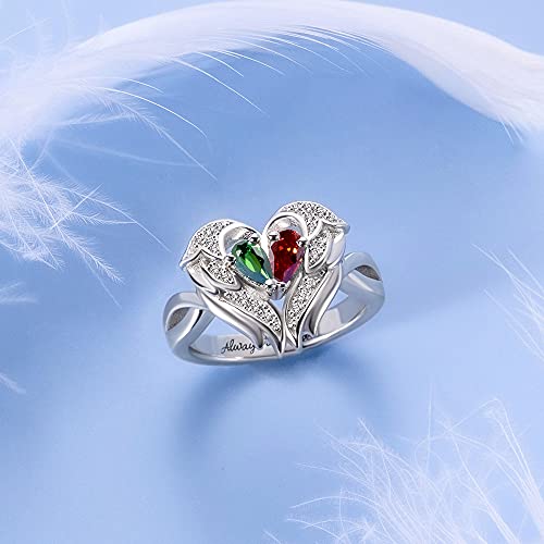 Ailin Custom Heart Angel Wings Two Birthstone Rings 925 Sterling Silver Personalized Inside Engraved Promise Rings Wedding Engagement Jewelry Gifts For Women Girls Mother Girlfriends Wife #TOP3