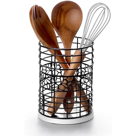 Nucookery Utensil Holder, 6.4" Metal Kitchen Utensil Holder with Ceramic Base Countertop Protection Pad Bottom, Farmhouse Black Kitchen Decor for Counter (White) Cover