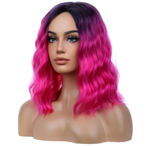 Image of BERON Hot Pink Short Wigs Curly Bob Wig Ombre Color Wavy Hair Wigs Side Part Women's Synthetic Wigs Daily Party Use