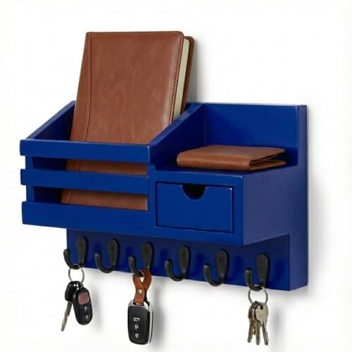 Image of Wooden Wall Mounted Key Holder with Hooks and Organizer Shelf Wall Rack for Letters Wallets and Accessories Home and Office Wall (Blue, Drawer Organizer - 35.5 x 9 x 23 cm)