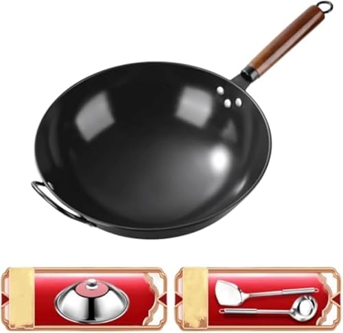 AZIEBAY 鉄黒皮炒め鍋・中華鍋・手作り鉄鍋 片手鍋タイプ 家庭用 コーティングなし ブナ材ハンドル 透明鍋蓋付き ガスコンロ最適