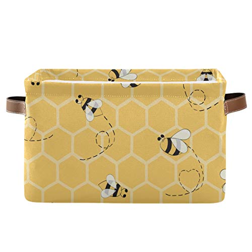 Image of AUUXVA Collapsible Storage Bin Cube Yellow Honey Bees Pattern Laundry Basket Hamper Toy Cloth Organization Bag with Handle for Pantry Nursery Home Office Shelve,1 PC