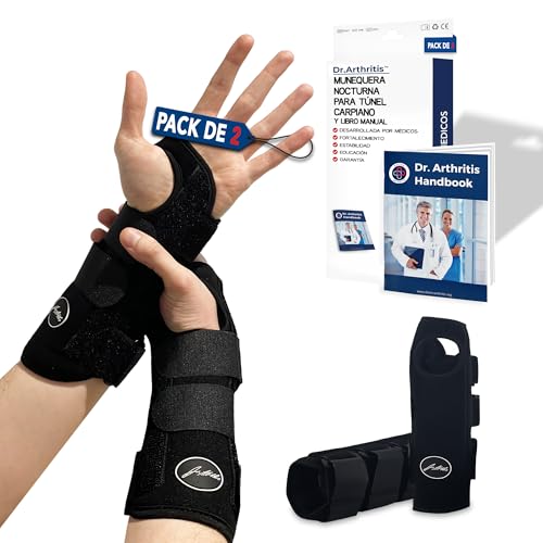 Dr. Arthritis Muñequera Túnel Carpiano con Férula Desarrollada por Médicos - Muñequera Tendinitis Muñeca Nocturna Ajustable a Cualquier Tamaño - Libro Manual Incluido (1 par, izquierda y derecha)