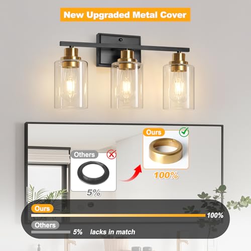 Image of Unicozin 3 Light Bathroom Light Fixtures, Modern Vanity Lights Over Mirror, Black and Gold Wall Lamp with Clear Glass for Living Room Cabinet Bedroom Porch
