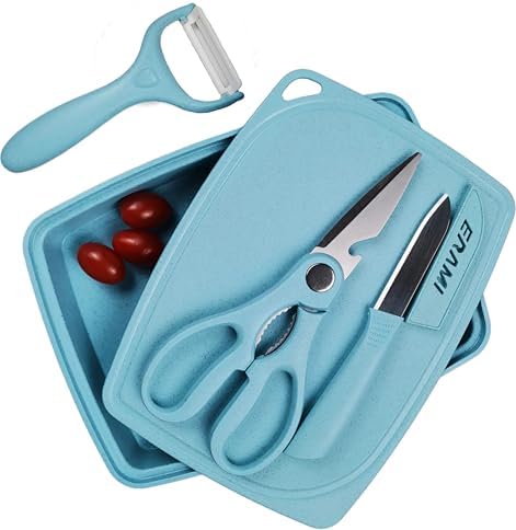 ZeQi 5-in-1 Cutting Board, Knife, Peeler, Scissors and Tray Set/Travel, Camping, Outdoor, Dorms, Small Cutting Boards, BPA Free, Dishwasher Safe, Kitchen Utensils, Gift
